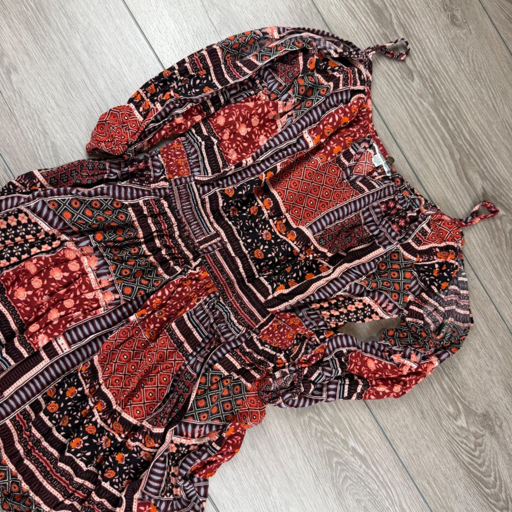 American Eagle Women Dress Cold Shoulder Boho Patchwork Floral Red Large
